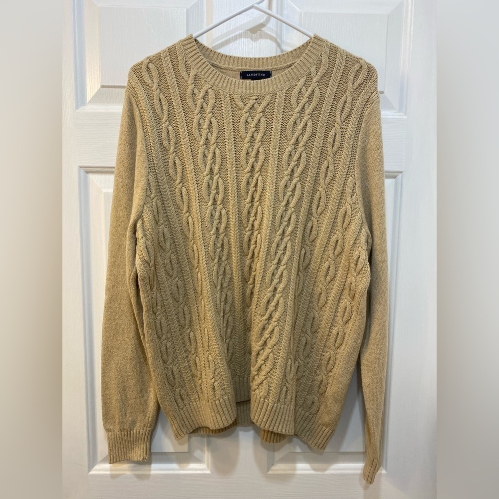 Lands' End Wool Infused Fisherman Sweater Women's Size L Crew Neck Cable Knit